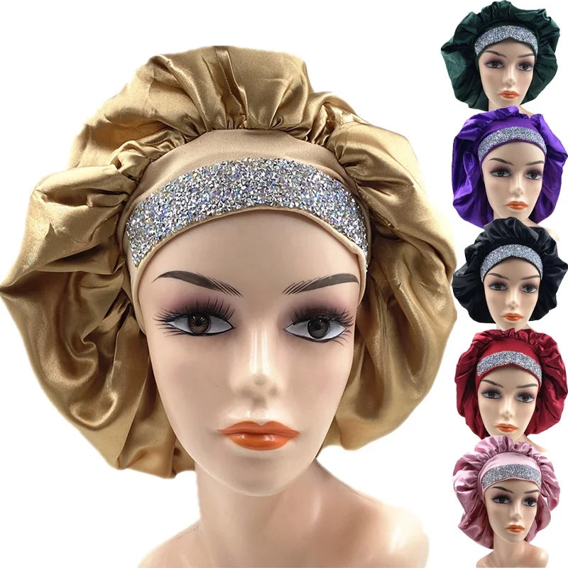 Custom Wide Edge Hair Cover Silk Satin Glitter Bling Diamond Rhinestone Bonnets With Diamonds Elastic Band