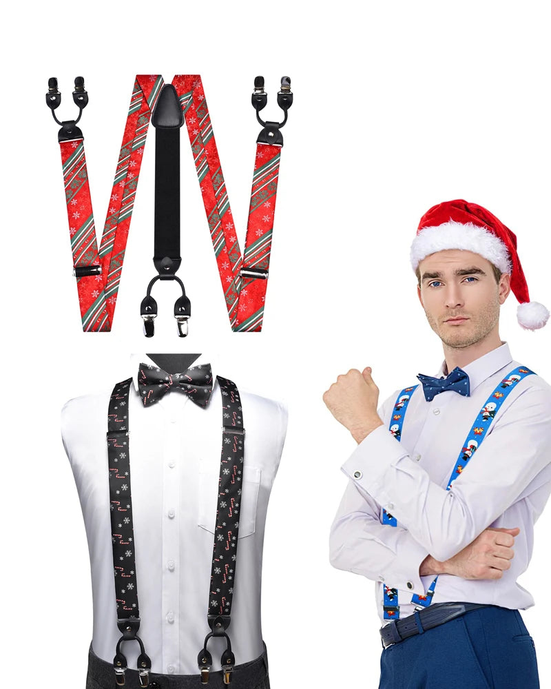 Christmas Men Suspenders Candy Cane Bow Tie With Pocket Square Bow Tie Set Adjustable Candy Cane Suspenders With Girt Box