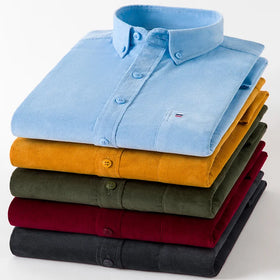 RNSHANGER Cotton Corduroy Autumn Winter Long Sleeve Regular Fit Mens Casual Shirt Warm Solid Men's Shirts With Pocket
