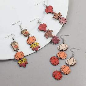 Wholesale American Thanksgiving Jewelry Wooden Long Tassel Maple Leaf Pumpkin Cup Simple Printed Wood Drop Earrings for Women