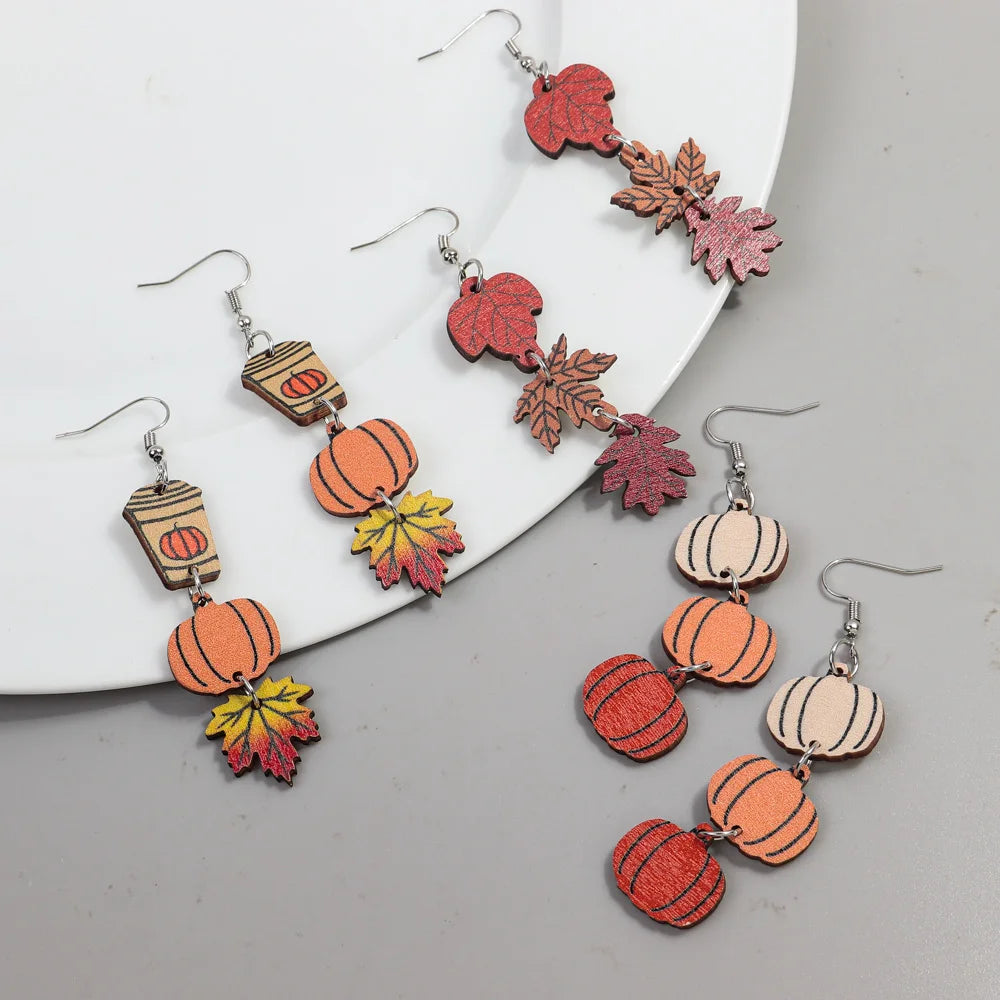 Wholesale American Thanksgiving Jewelry Wooden Long Tassel Maple Leaf Pumpkin Cup Simple Printed Wood Drop Earrings for Women