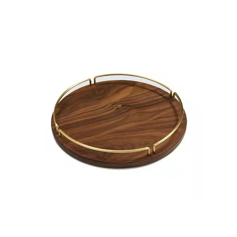Walnut Wooden Breakfast Tray Round Wood Tray Metal Handle  Home Decor Tiered Food Presentation Sets Party Occasions