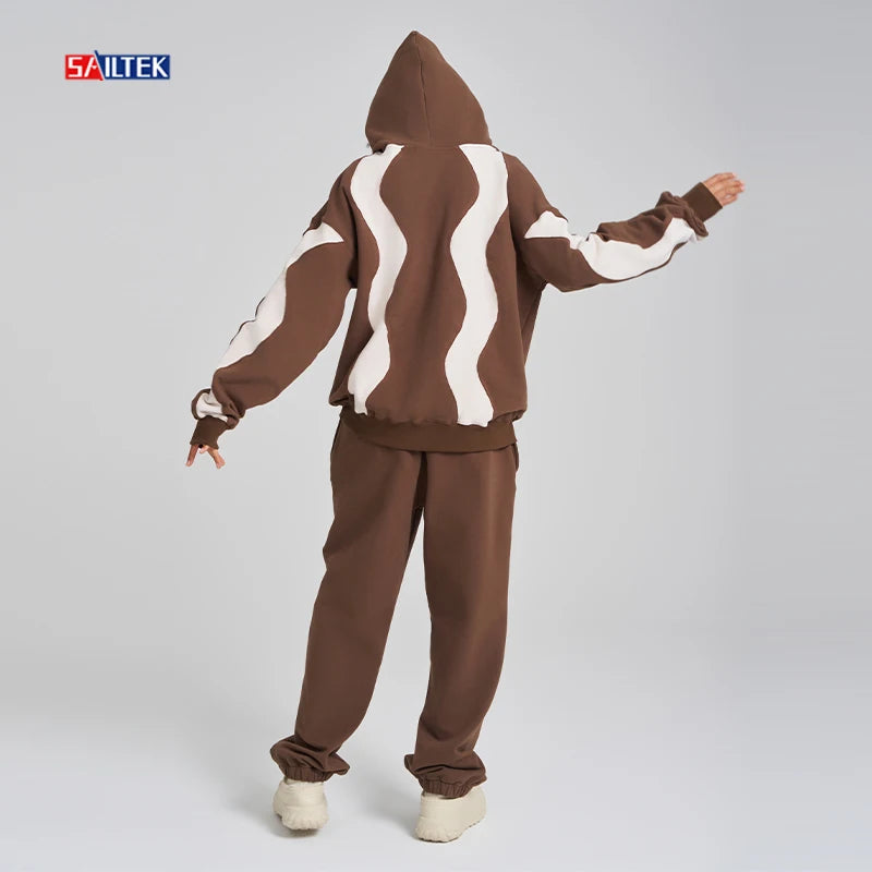 Wholesale Women's Clothing Custom Women Tracksuits 2025 Designer Color Block Stripes Stringless Hoodie and Joggers Set