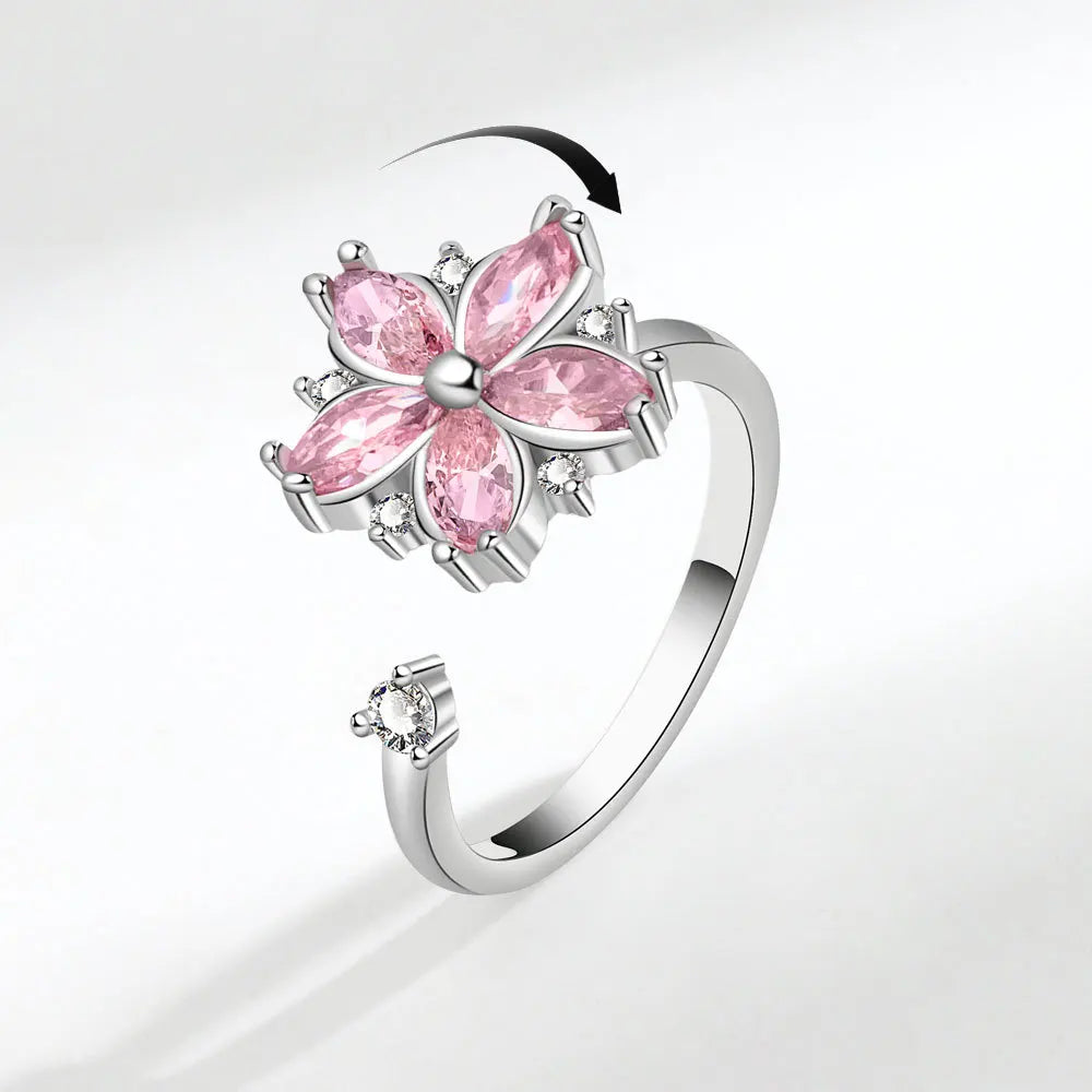 Anxiety Zircon Pink Cherry Blossoms Rotating Rings Adjustable Geometric Diamond Sakura Flower Spinning Fidget Rings