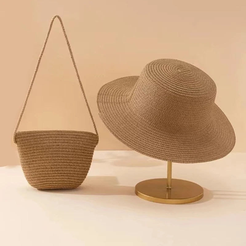 Summer Fashion Womens Straw Beach Bag Wide Brim Straw Panama Hat Handmade Weaving Bag Handbag Set