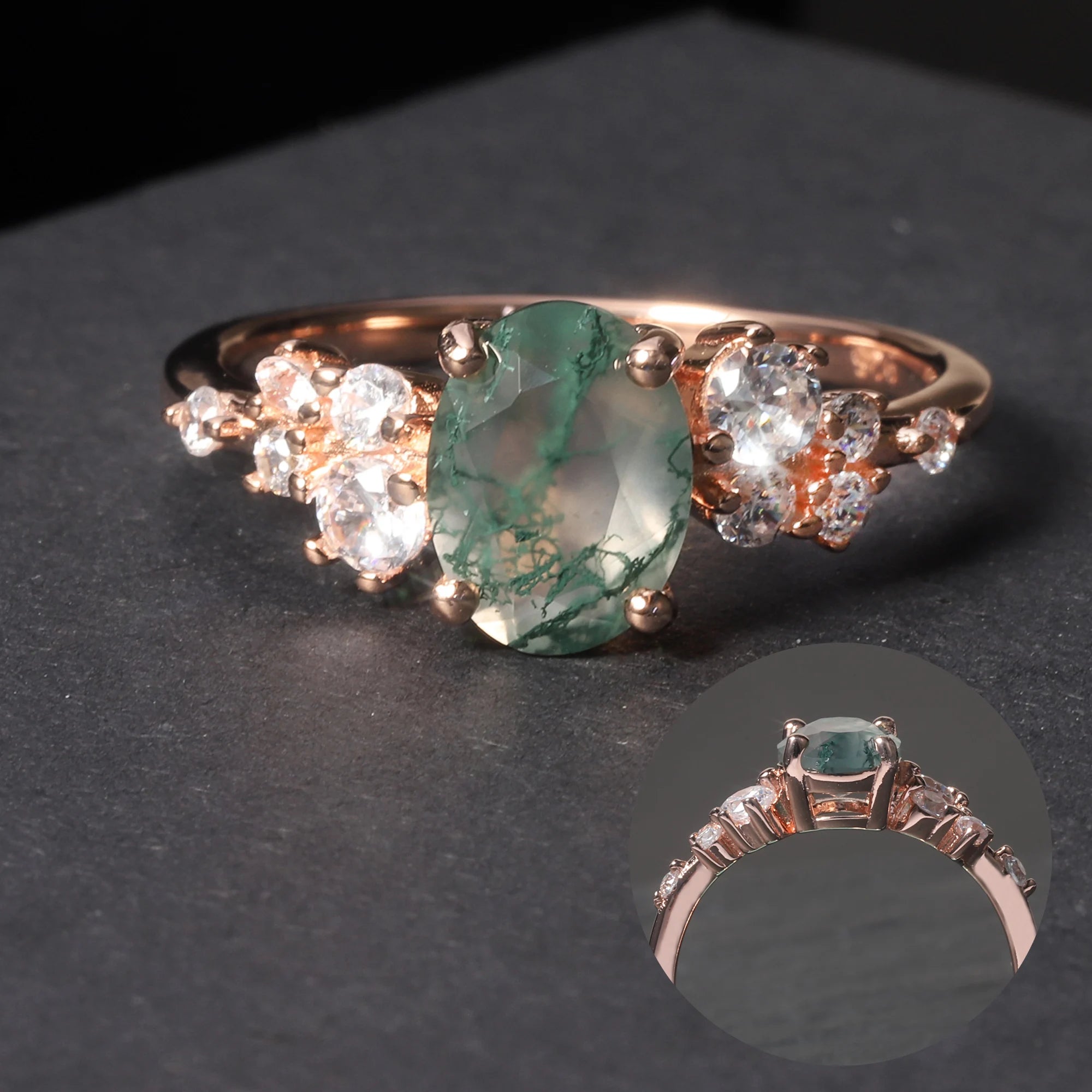 OL0897 Abiding Fine Jewelry Custom Rose Gold Plated 925 Sterling Silver Oval 6x8mm Moss Agate Engagement Ring