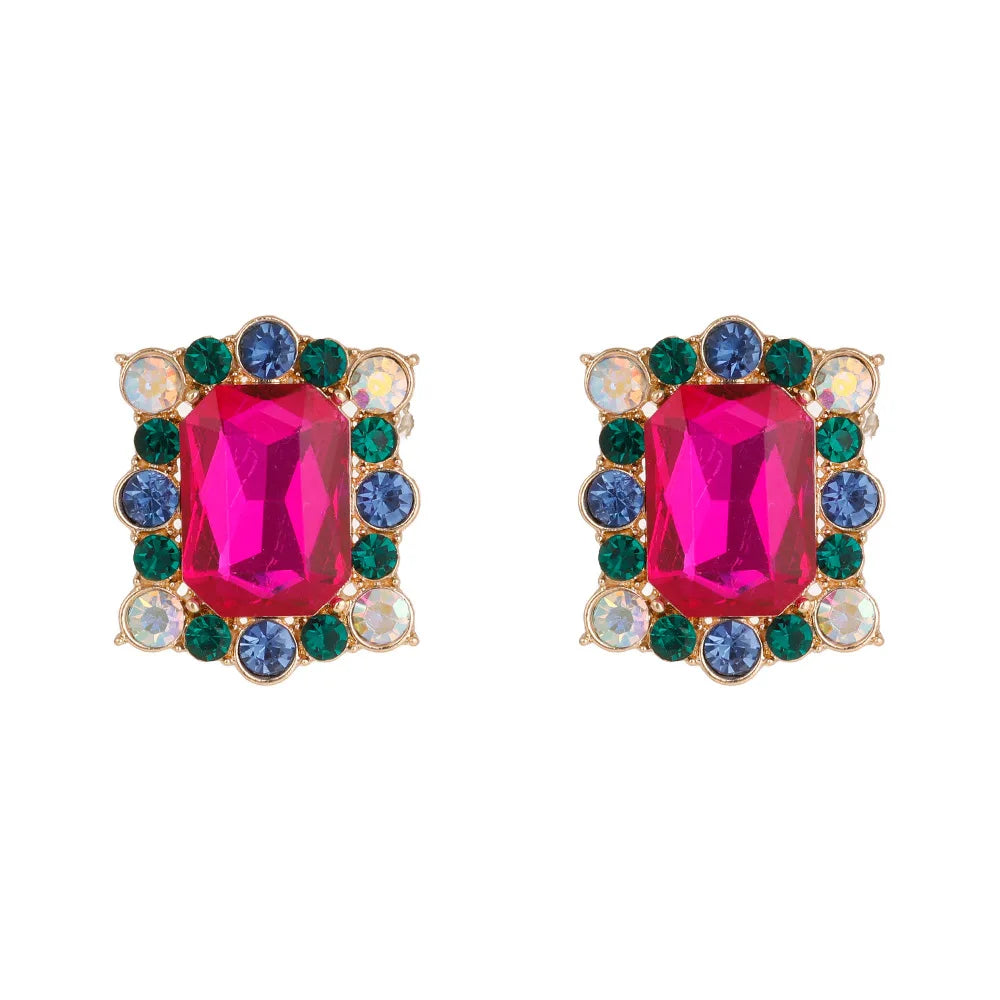 New Designs 18K Gold Plated Geometric Bling Square Rainbow Crystal Rhinestone Stud Earrings
