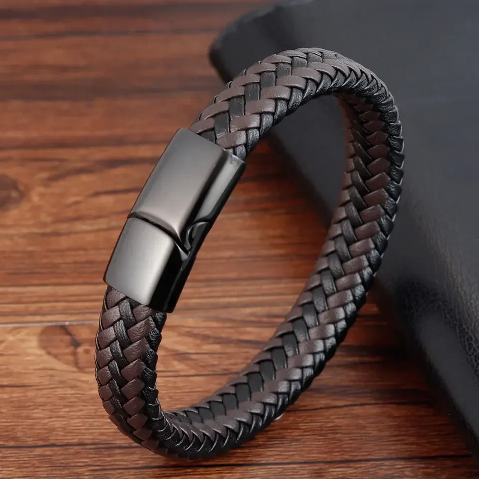 Punk Braided Genuine Wrap Leather Bracelet Handmade Brown Leather Rope Bracelet Men Luxury Black Metal Leather Bracelet OT-003