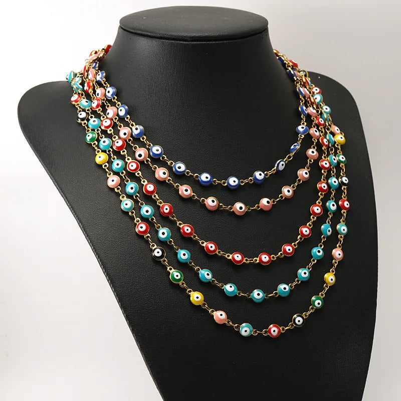 New 18K Gold Plated Stainless Steel Colorful Enamel Round Devil's Eye Beads Necklace Bracelet Set for Women Daily Jewelry