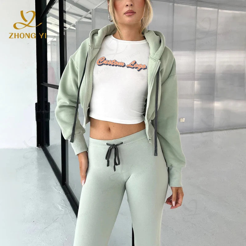 Clothing Manufacturers Custom Two Piece Zipper Hoodie Set Design Cotton Jogger Set Women Hoodies & Sweatsuits Set