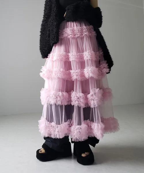 King Mcgreen Star Mesh Long Tulle Skirt New Elastic Waist Elegant High Waist Ball Gown Female Solid Layered Gauze Tutu Skirts