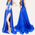 Ocstrade Vestidos De Noche Elegantes Para Mujeres Bridesmaid Wedding Dress Blue Satin Prom Pleat Elegant Long Evening Dresses
