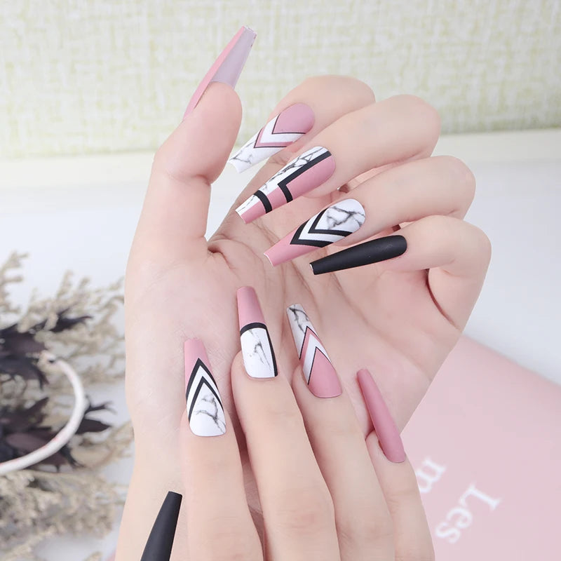 24 Pcs Package Gel Light Pink Acrylic Set Flat Nail Tips Extra Long Press on Marbling Fake Nails Matte