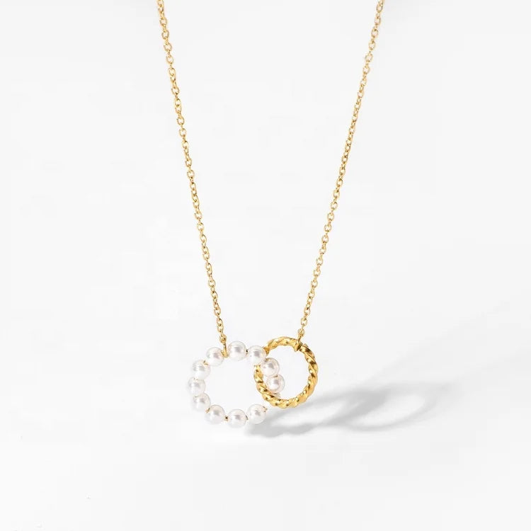 18K Gold Plated Stainless Steel Double Circle Link Chain Choker Pearl Pendant Necklaces for Women