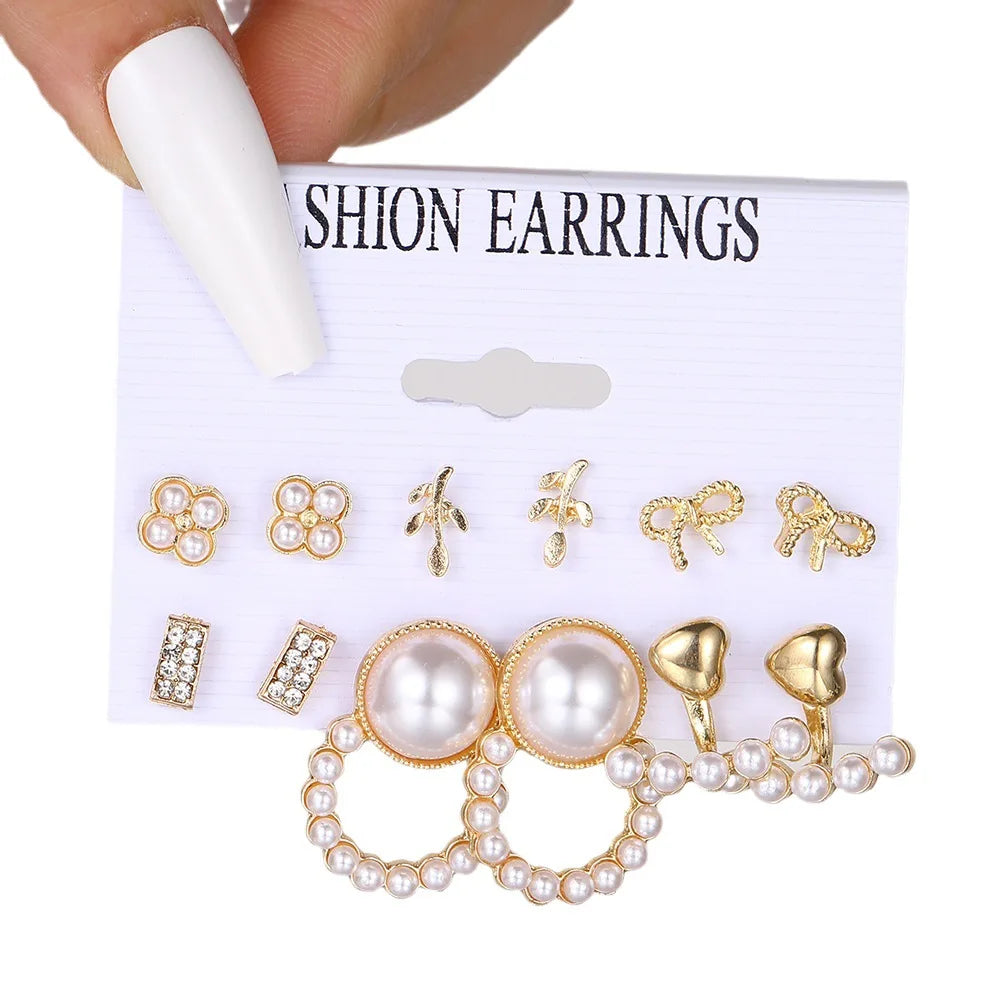 Go Party 6Pairs/Set Metal Alloy Crystal Pearl Stud Earrings Set for Women Geometric Leaf Bowknot Heart Star Moon Earrings Sets