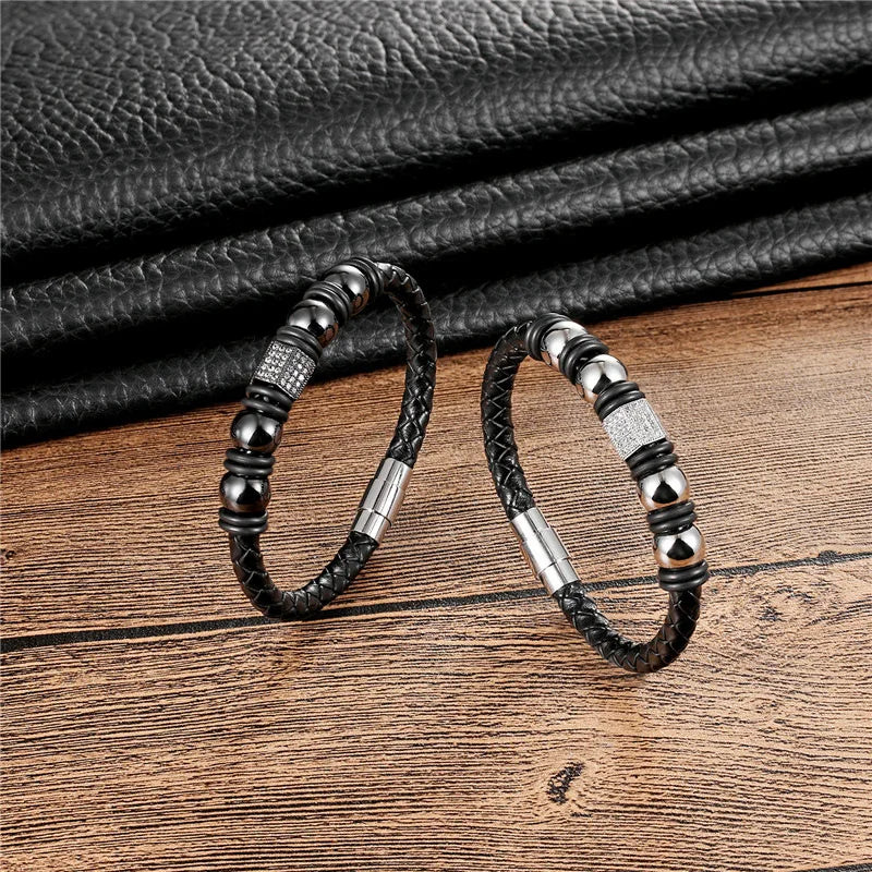 Luxury Charm Jewelry Fashion Genuine Leather Braided Wrapped Bracelets Jewelry Micro Paved CZ Spacer Beads Men Leather Bracelet