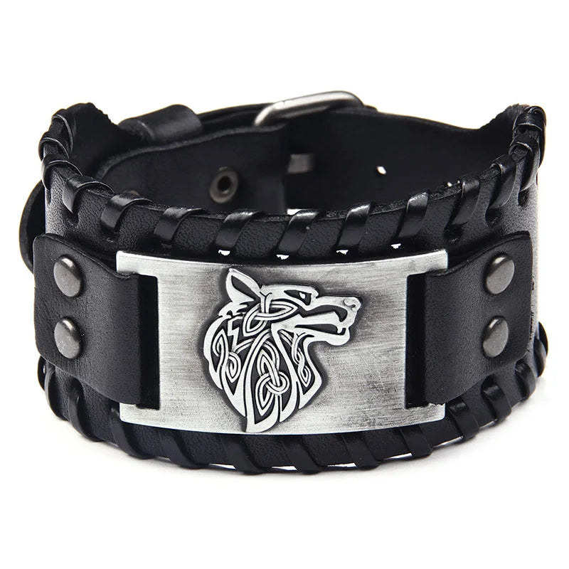 Gothic Steampunk Adjustable Mens Wolf Cuff Leather Zinc Alloy Bracelet Antique Silver Plating Custom Laser Engraved Logo