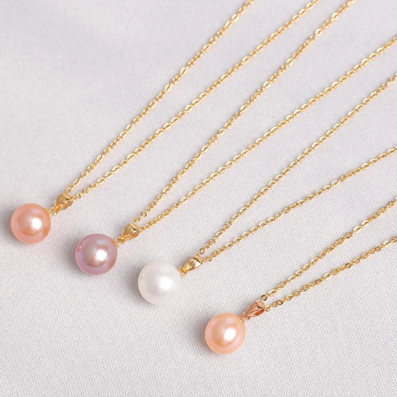 White Pink Purple 925 Sterling Silver Natural 7-8mm Round Fresh Water Pearl Pendant Necklace MegaBDM