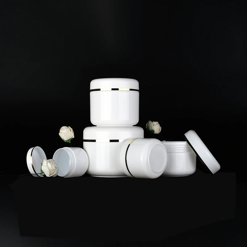 Free Samples 30g-500g Cosmetic Face Cream Plastic Container Gold Silvery Edge White PP Plastic Jar with PS Lid