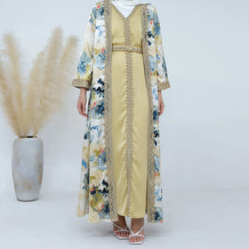 ODM & OEM Custom Luxury Embroidered Yellow Dubai Kaftan Muslim Moroccan Kaftan Abaya With Crystal Belt African Clothing