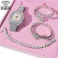 ICED Out Women's White Gold Fashion Watch Set Shiny Bling Bling CZ Baguette Bangle Shiny Jewelry Bangle Set