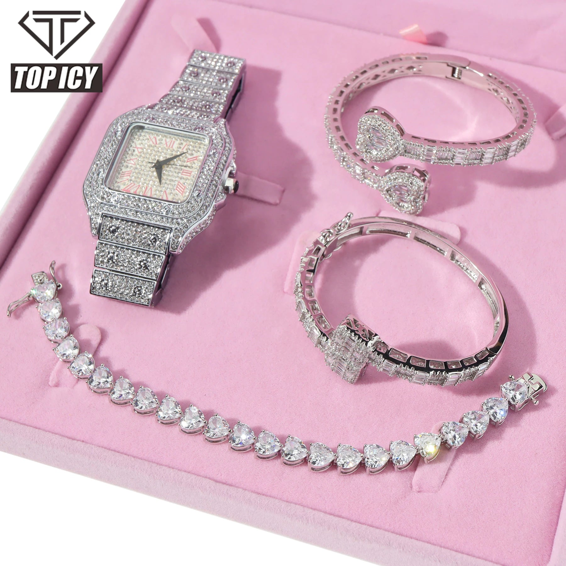ICED Out Women's White Gold Fashion Watch Set Shiny Bling Bling CZ Baguette Bangle Shiny Jewelry Bangle Set