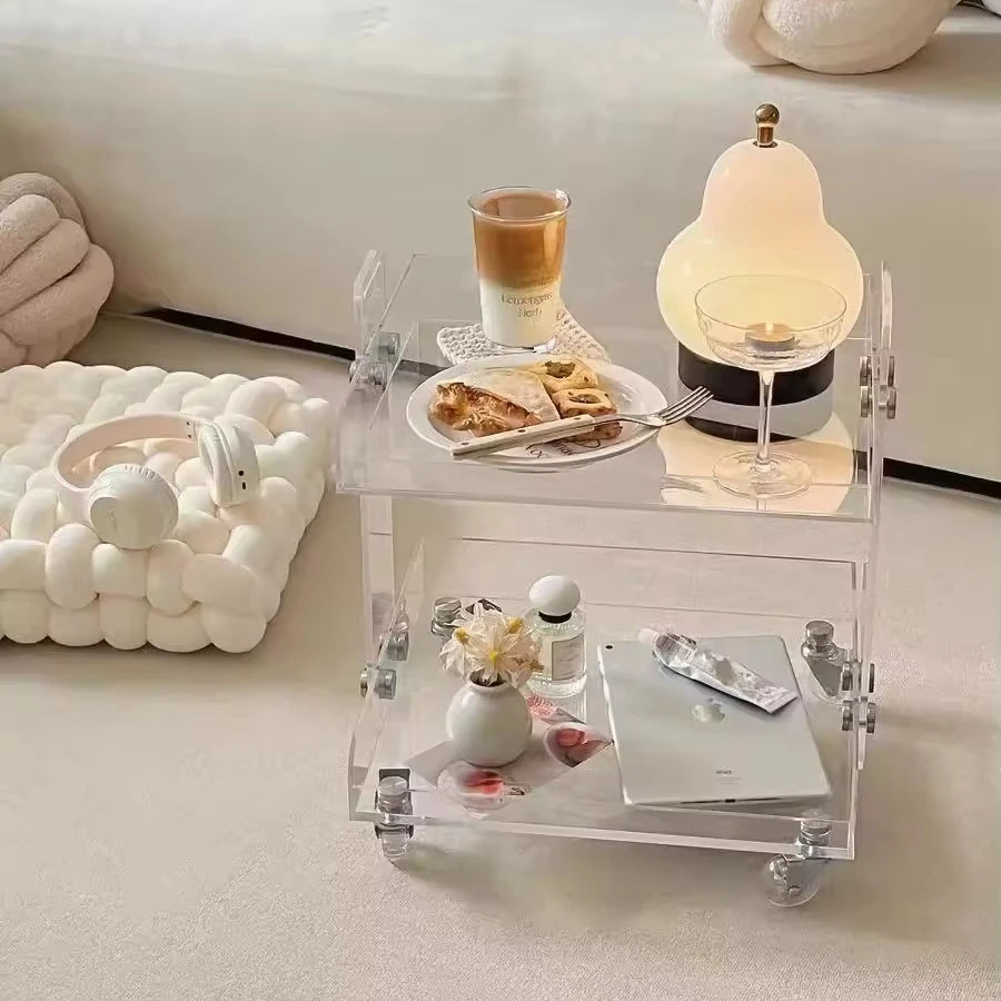 Transparent Double Layer Acrylic Storage Trolley Stainless Steel Foldable Bar Counter for Kitchen Living Room Bathroom Food