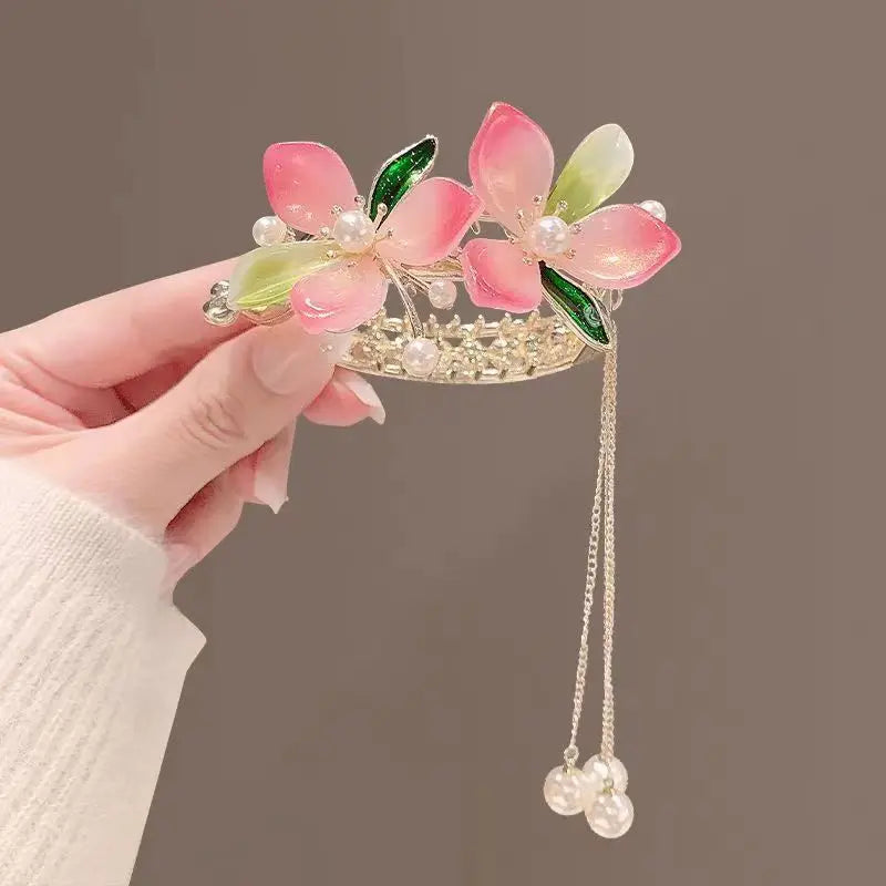 Light Luxury Crystal Pearl Flower Tassel Hair Clip Back of Head Meatball Head Hair Ponytail Buckle Clip Rhinestone Hair Claw