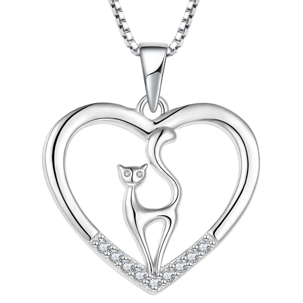 S925 Silver Cat Heart Pendant Necklace Cute Valentine's Day Wedding Party Gift with Zircon Wholesale Supply