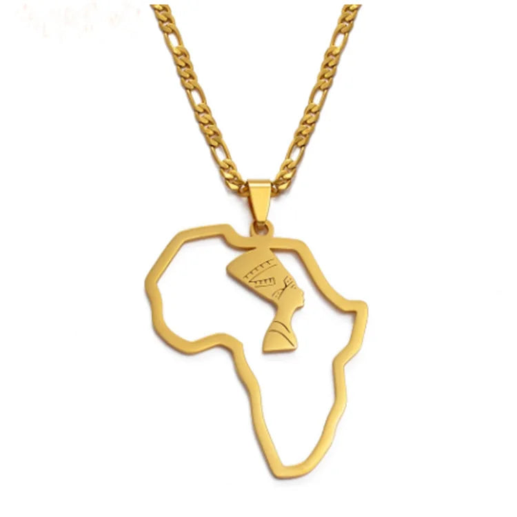 Egyptian Queen Stainless Steel Jewelry Necklace for Women Irregular Geometric African Map Charm with Gold Plating Link Chain