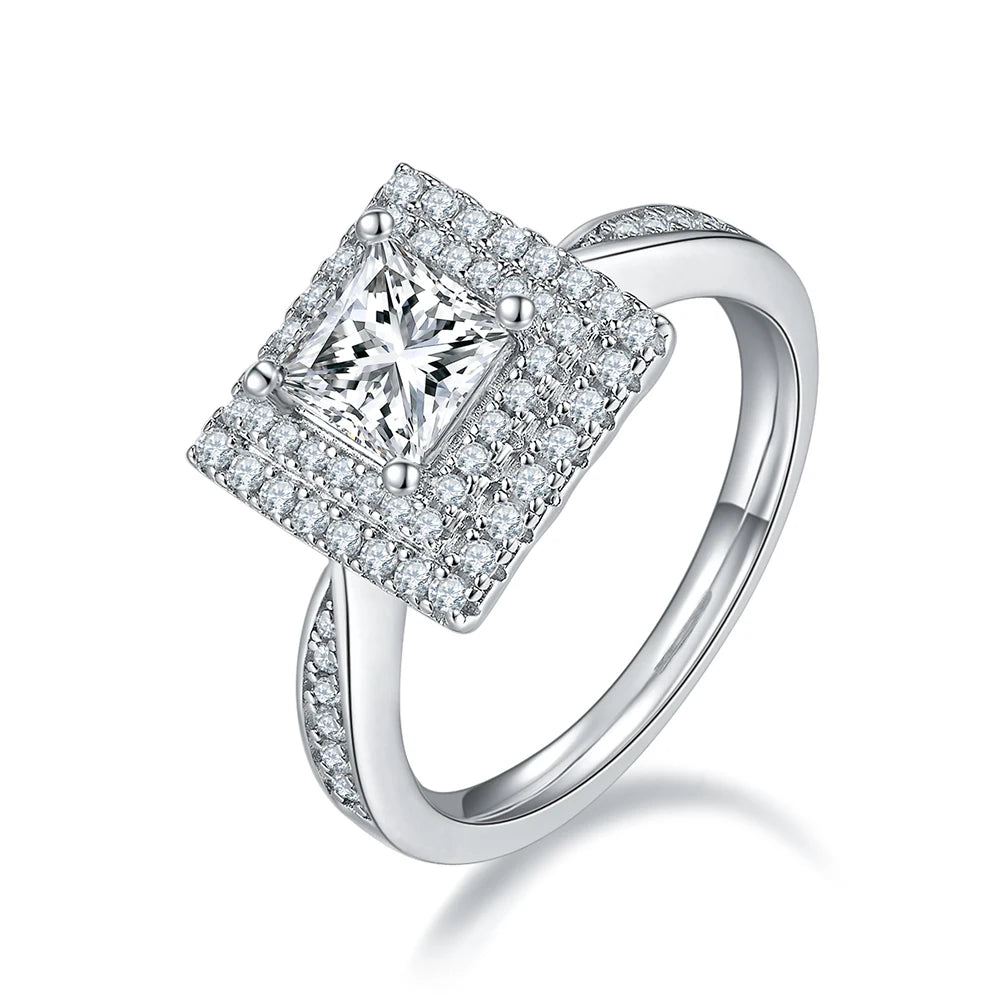 2022 Women Vintage White Gold Plated 925 Sterling Silver Double Halo Square Emerald Cut 1 Ct Moissanite Engagement Wedding Ring