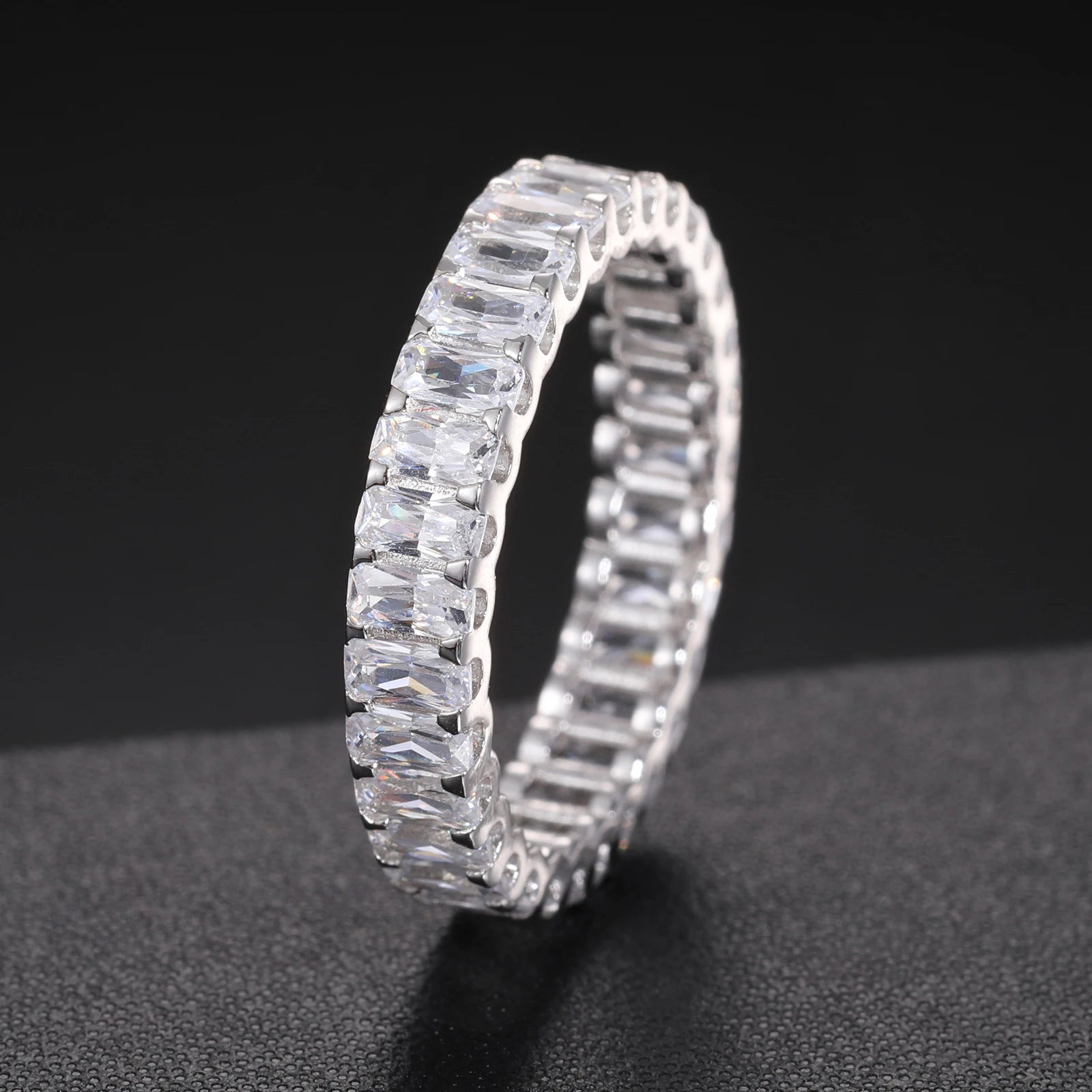 Pass Diamond Tester 4mm 925 Sterling Silver Emerald Cut VVS Moissanite Baguette Eternity Engagement Ring With GRA Certificate