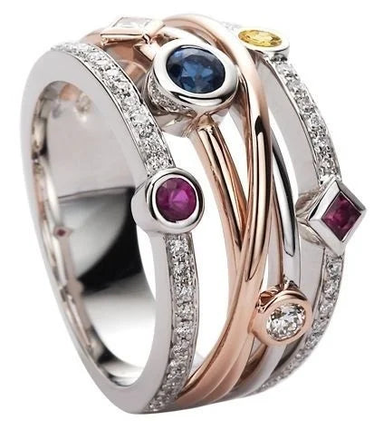 CAOSHI Polychromatic and Different Sizes Shapes Zircon Inlaid Ring Girls Silver Rose Gold Plated Stackable Colourful Rings Women