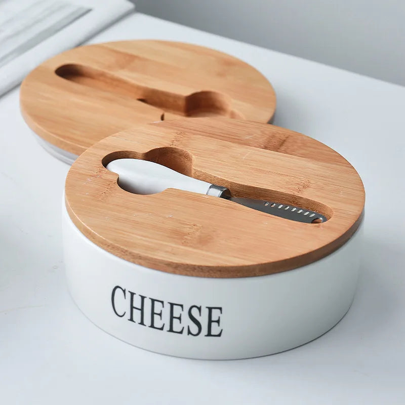 Ceramic Butter Dish with Lid Knife Large Countertop Container Keeper Airtight Bamboo Cover Kitchen Storage