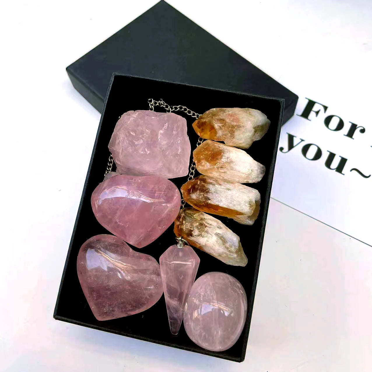 Wholesale Price Natural Rock Rose Quartz Crystal Heart Pendulum Rough Stone Shard Gemstone Set Crystal Ornaments Gift