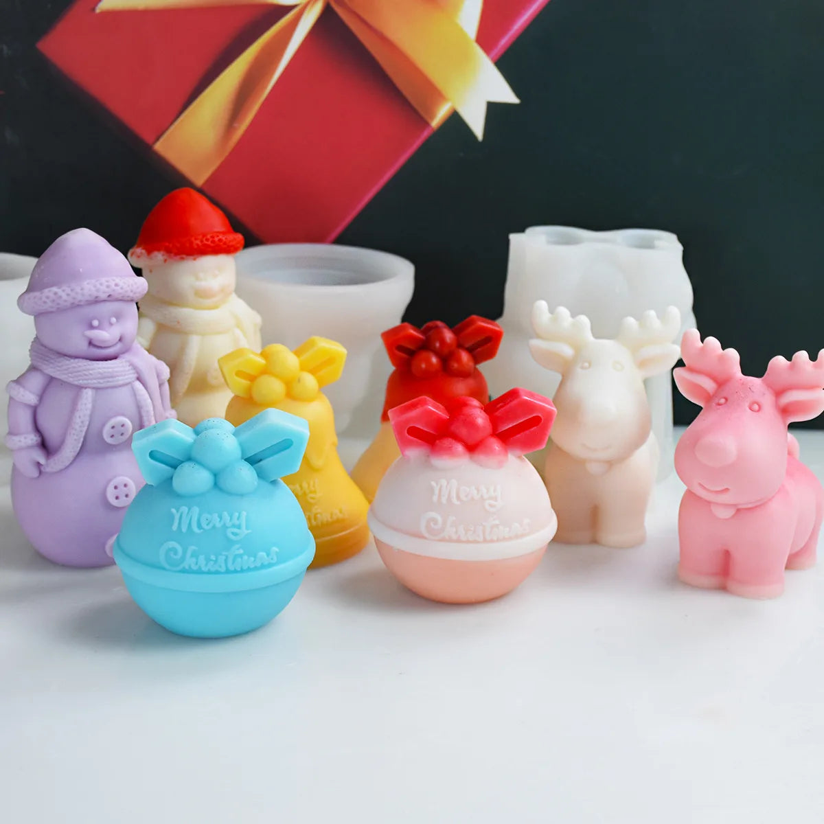 3D Christmas Bell Snowman Elk Shape Wax Candle Mould DIY Handmade Soap Plaster Silicone Molds for Home Party Decoration