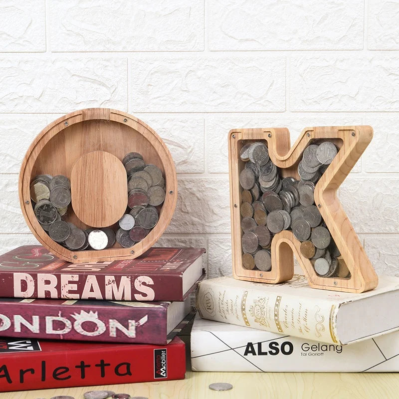 26 English Alphabet Animal Pattern Transparent Wooden Letter Piggy Bank Money Boxes Bank Dinosaur Wooden Piggy Bank for Kids