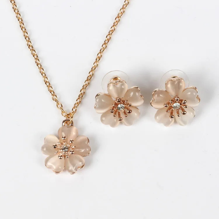 2023 Fashion Flower Pendant Necklace and Earrings Women Opal Jewelry Sets for Party