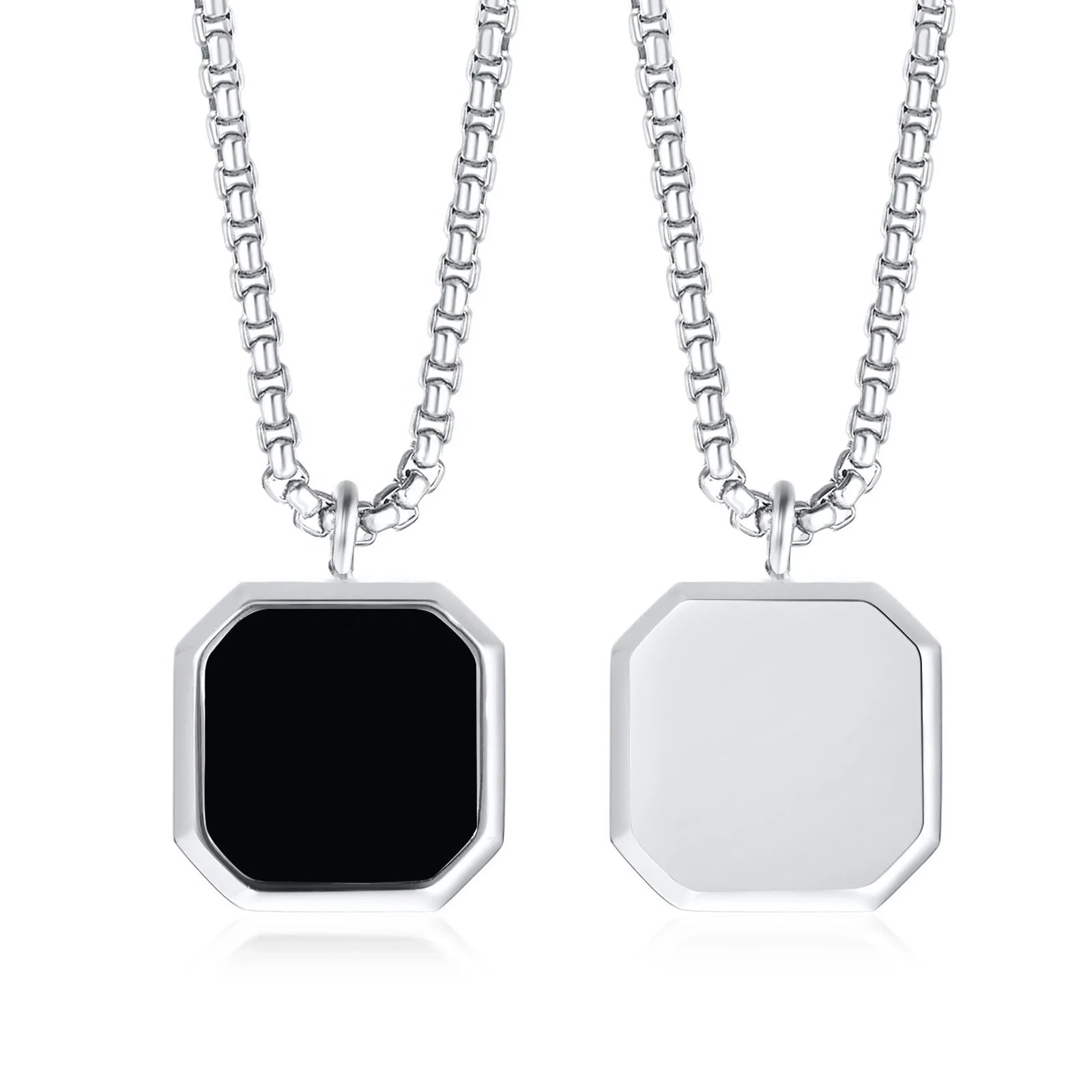 Fashion Black Enameled Silver Square Pendant Minimalist Necklace for Men
