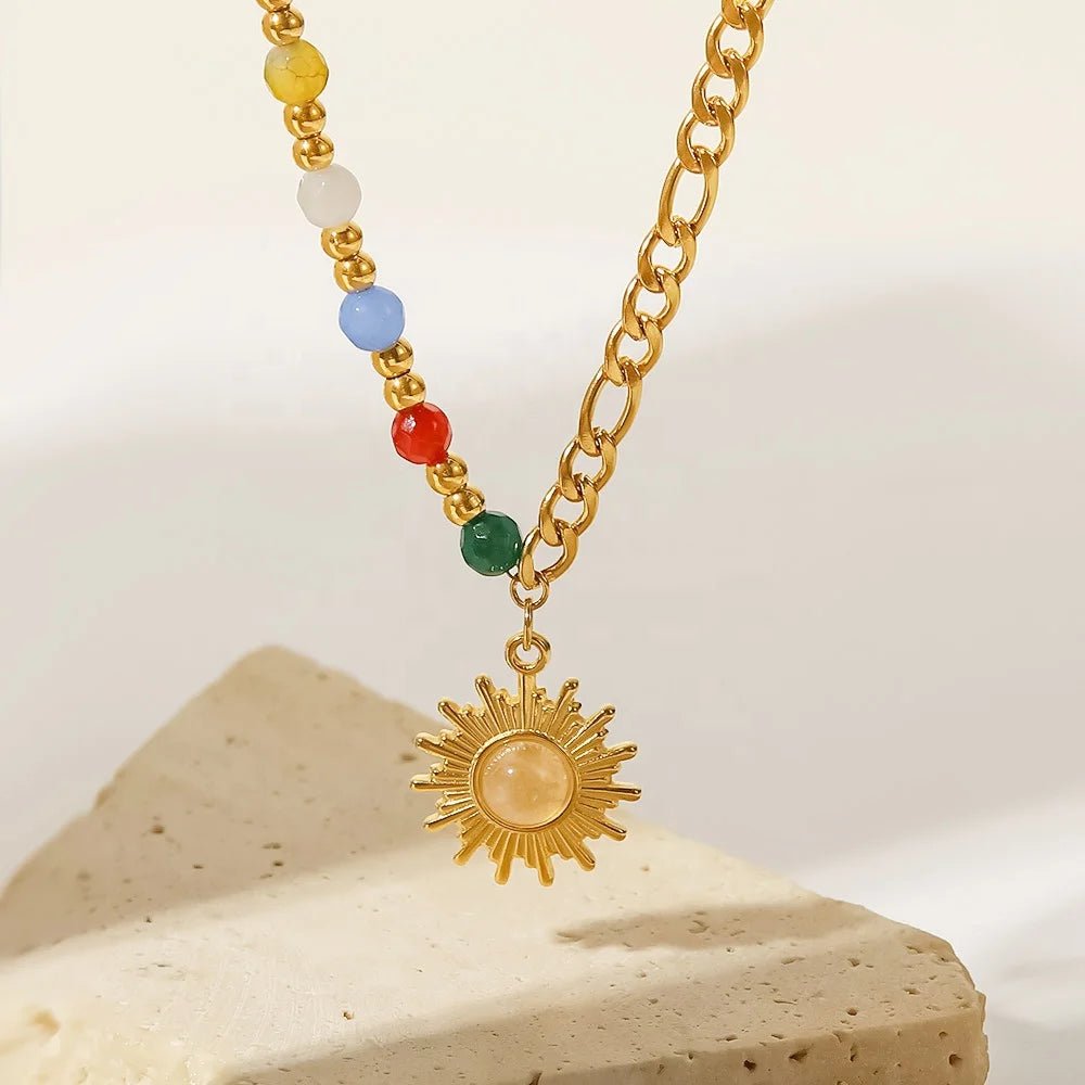 Stainless Steel 18K Gold Plated Classic Opal Sun Shape Pendant Necklace for Women Wedding & Engagement Fashion Jewelry