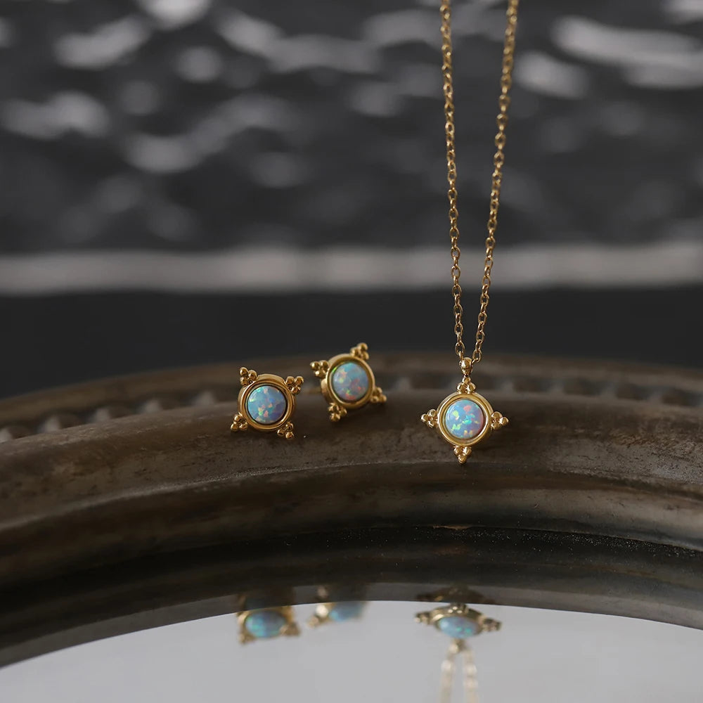 Mini Palace Style Fantasy Blue Imitation Opal Stone Small Necklace Collar Chain Ear Studs Stainless Steel Fashion Jewelry Set