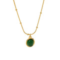 Vintage Stainless Steel Beads Snake Chain Oval Green Stone Pendant Necklace Women Accessories