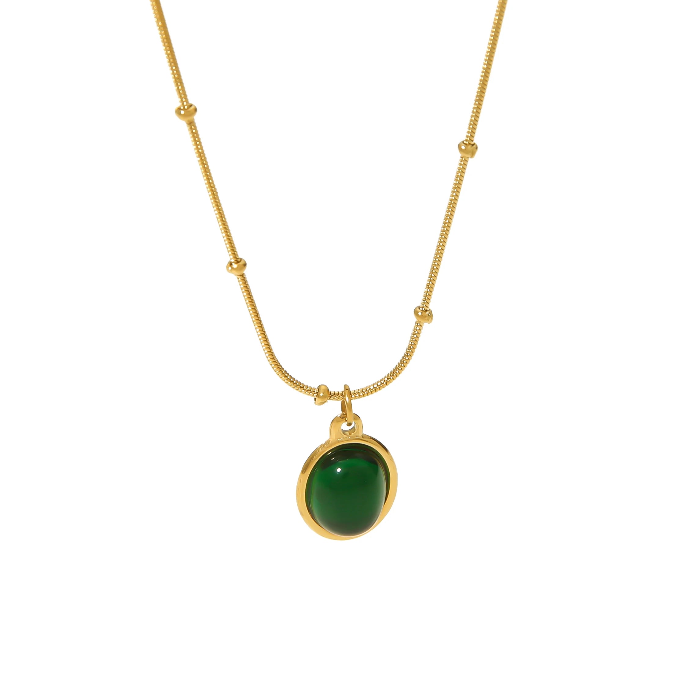 Vintage Stainless Steel Beads Snake Chain Oval Green Stone Pendant Necklace Women Accessories