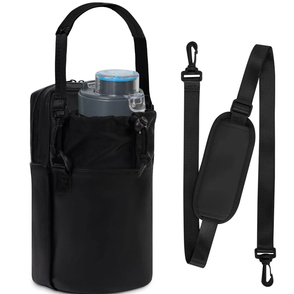 Black 32oz Insulated Water Bottle Holder Carrier Bag with Strap Phone Pocket for Hiking Walking