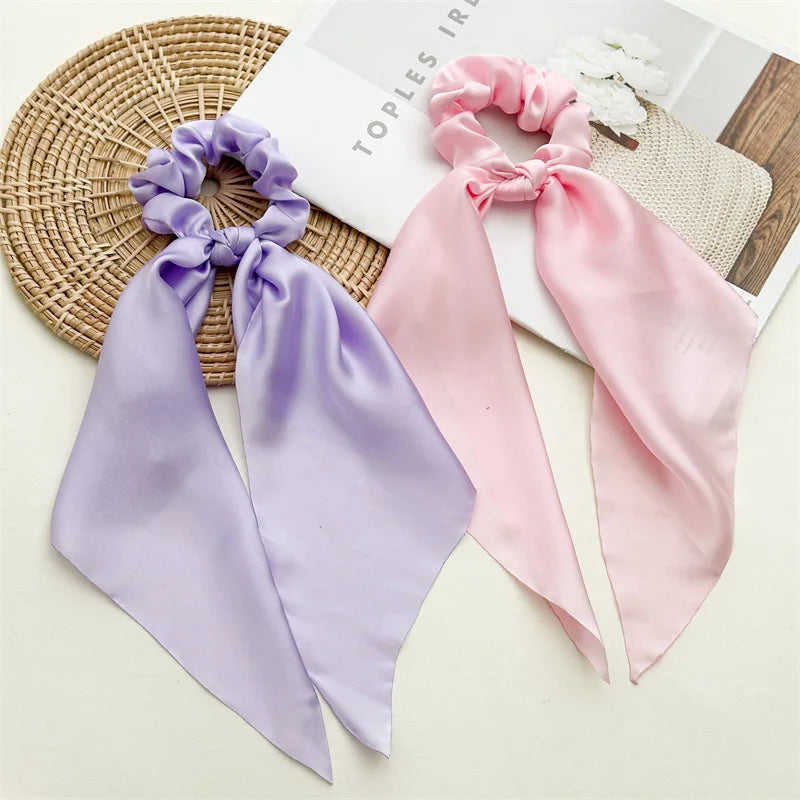 Custom Logo American Sweet European Fashionable Silk Scrunchie Hair Decorations Pink Purple and Black Bows for Daily Use