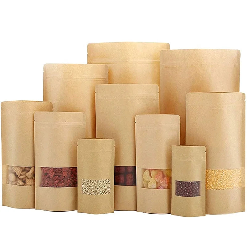 Customized Different Size Capacity Kraft Bags with Window Zipper Lock Stand up Bulk Pouches