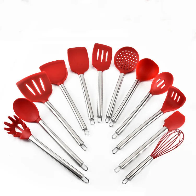 12-Piece Durable Silicone Kitchen Utensil Set Stainless Steel Handles Turner Ladle Spatula Whisk Baking Tools (Customizable)