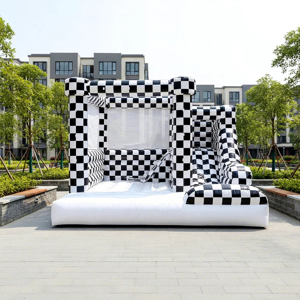 Customized Commercial Black and White Checkered Castle Inflatable Bounce House with Slide Suitable for Kids Parties
