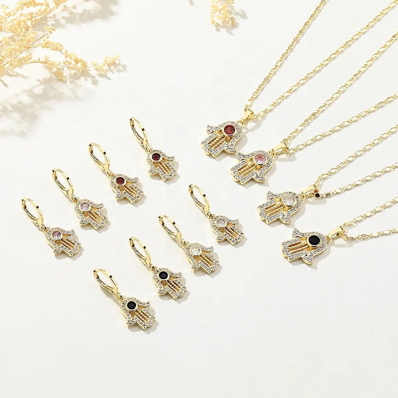 Palm Chic Religious 18K Gold Plated Brass Cactus Earrings Necklace Set Ladies' Fashion Jewelry Zircon Wedding Occasions Gift