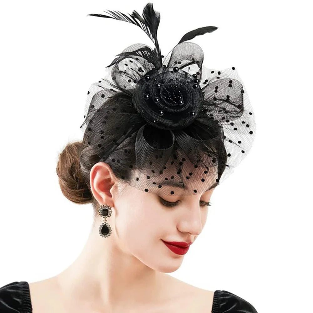 Vintage Mesh Headband Flower Bridal Headdress Evening Dress Feather Veil Temperament Elegant Hair Accessories